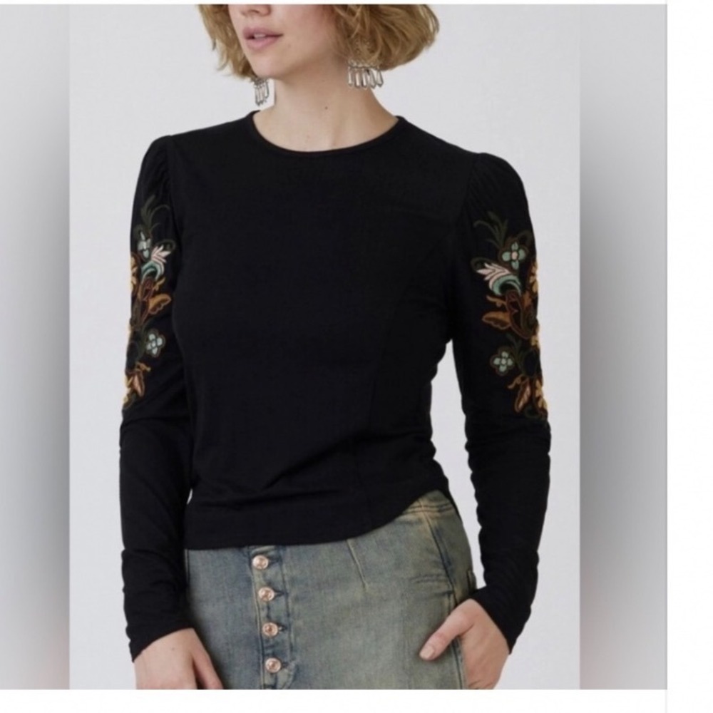 Double D Ranch Womens Black Embroidered Puff Sleeve Long Sleeve Tee Shirt Small